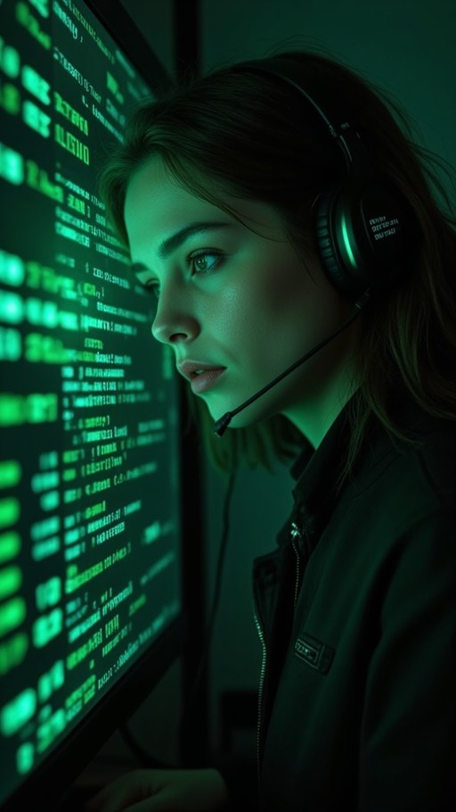 A young woman with brown hair wearing a black jacket and headset looks intently at a large computer monitor glowing with green text in a dark room.