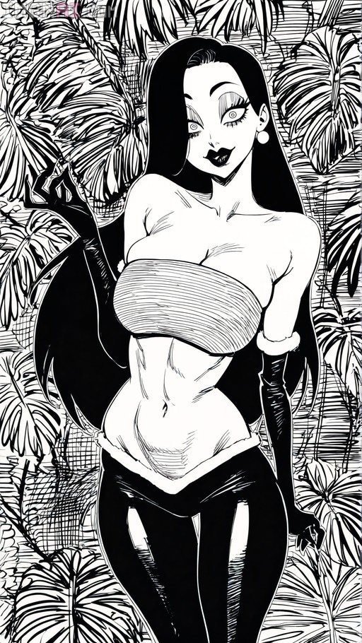 A greyscale illustration of Jessica Rabbit with long dark hair and a strapless top, surrounded by tropical leaves in a heavy line-hatching style.