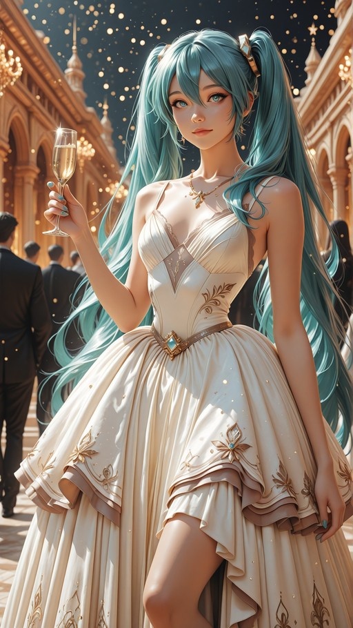 Hatsune Miku with long teal twin-tails wearing a white formal gown and holding a champagne flute against a starry night sky.