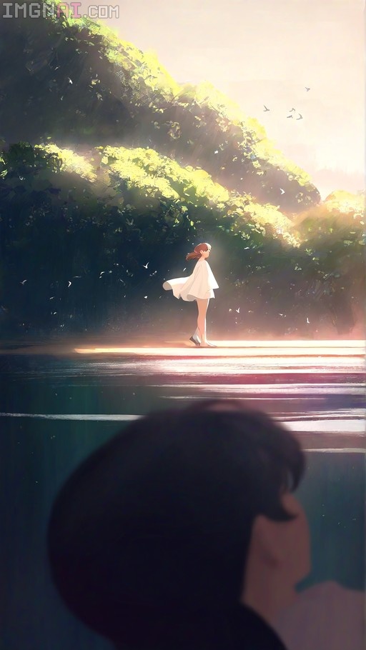 Anime-style illustration of a girl in a white dress standing on a sunlit road surrounded by trees and flying birds, viewed from behind another person.