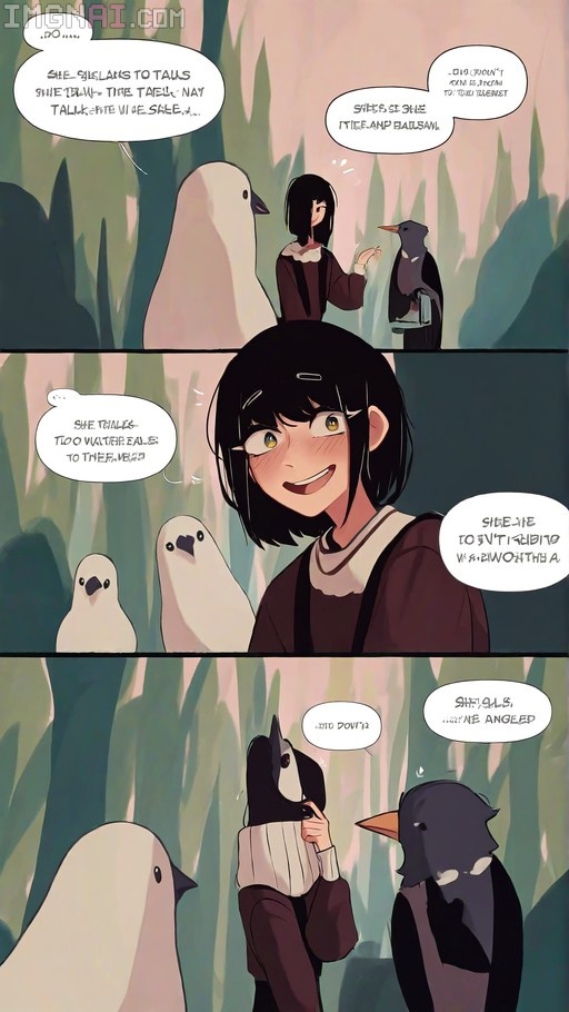A three-panel comic showing a girl with short black hair and yellow eyes talking to white birds and holding a bird mask.