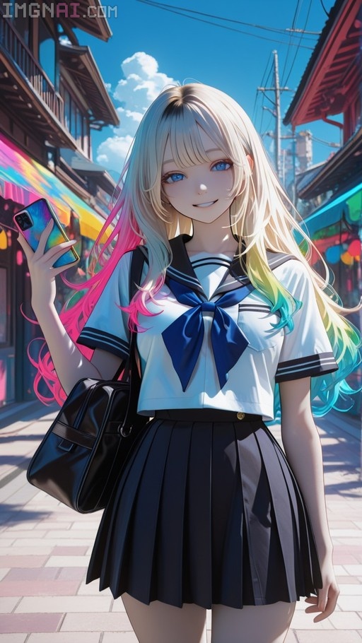 A smiling anime girl with long blonde and pink hair wearing a sailor school uniform holds a smartphone on a sunny street.