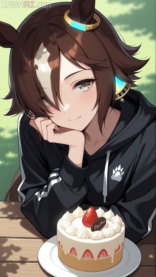 Vodka from Umamusume resting her chin on her hand with a strawberry shortcake in front of her.