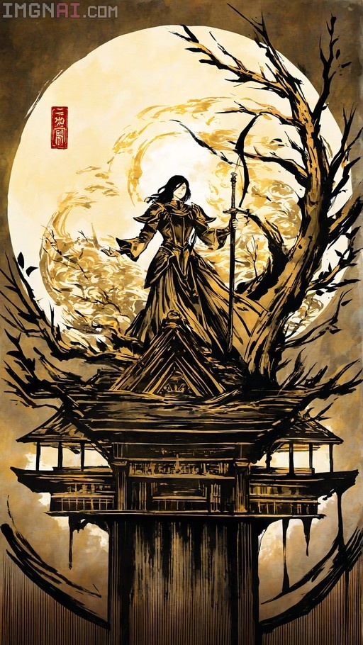 A sepia-toned ink wash painting of a female taoist warrior standing on a temple roof holding a sword under a large full moon.