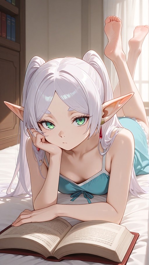 Frieren with white twin-tails and pointed ears lies on her stomach on a bed, resting her chin on her hand while looking forward, with an open book in front of her and bare feet raised behind.