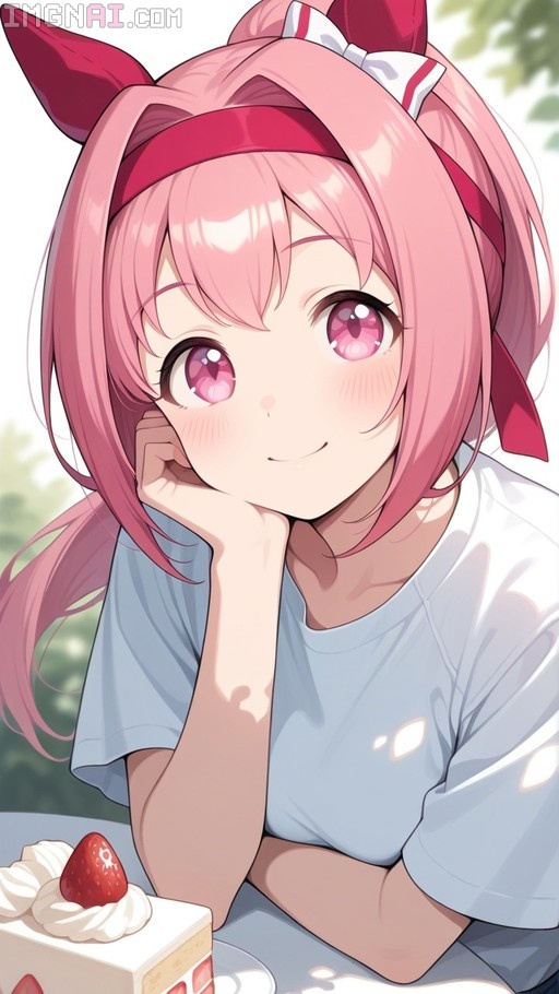 A pink-haired anime girl with horse ears and a red headband smiles while resting her chin on her hand at a table with a slice of strawberry cake.