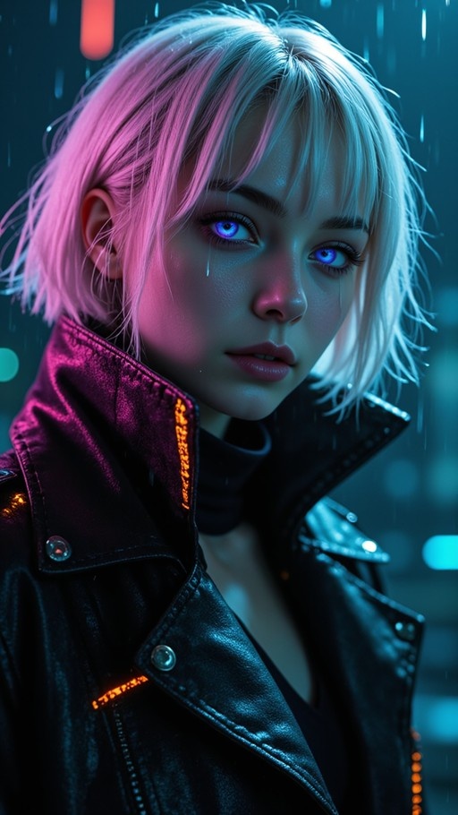 A realistic portrait of a young woman with short wet hair in pink and silver tones, standing in the rain. She wears a black leather jacket with glowing orange accents and has bright blue eyes with a tear on her cheek, set against a blurry background of teal city lights.