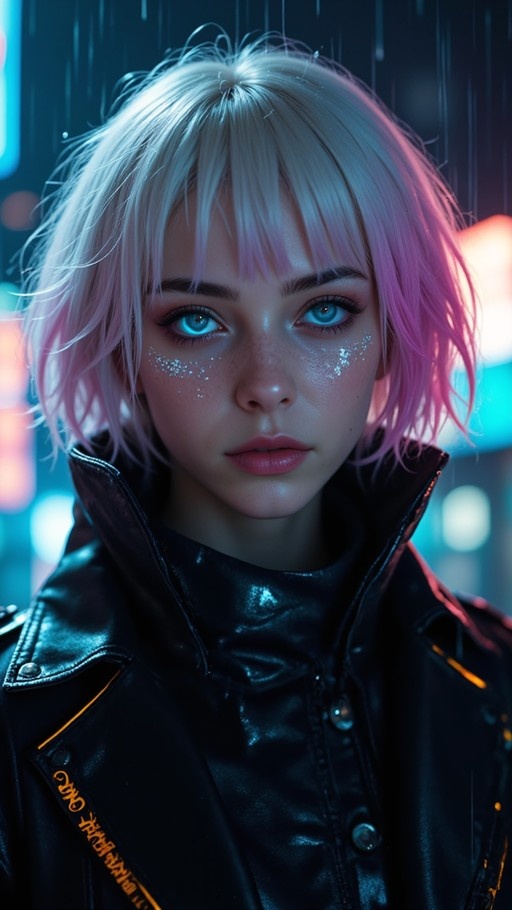 A young woman with short white and pink hair and blue eyes stands in the rain wearing a black leather jacket.