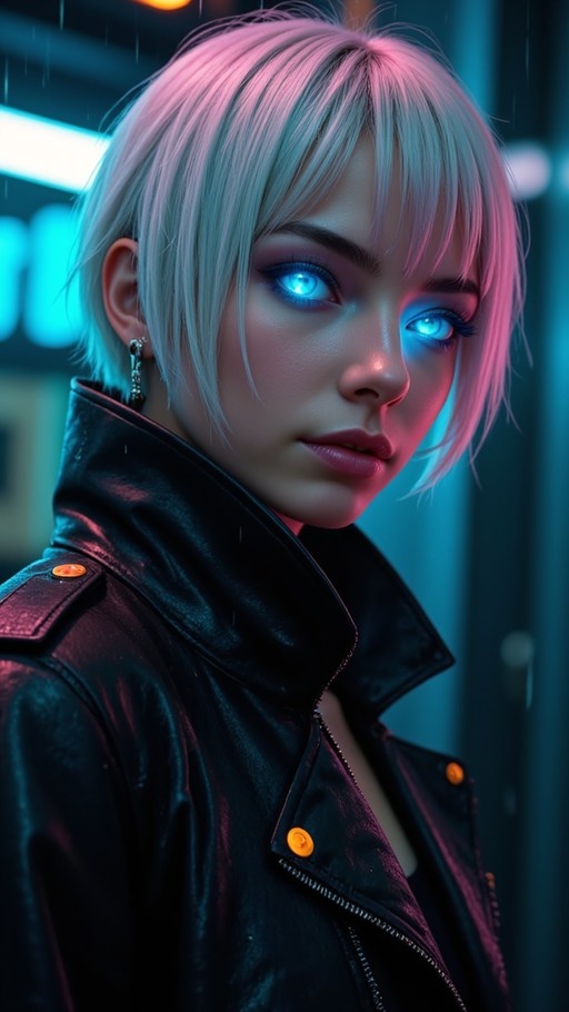 A young woman with short white hair and glowing blue eyes wearing a black leather jacket in the rain under pink and blue neon lights.