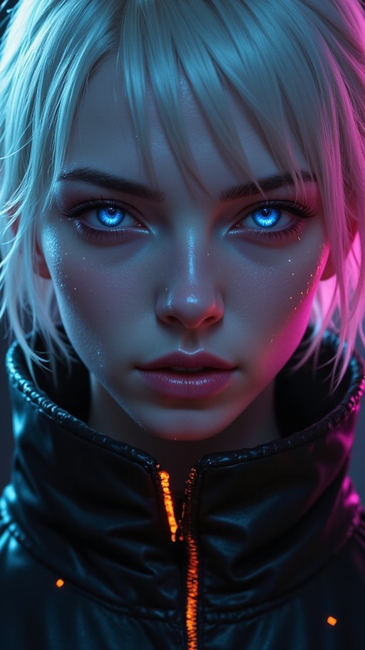 Close-up portrait of a young woman with short blonde hair and bright blue eyes wearing a black jacket with an orange glowing zipper under neon lighting.