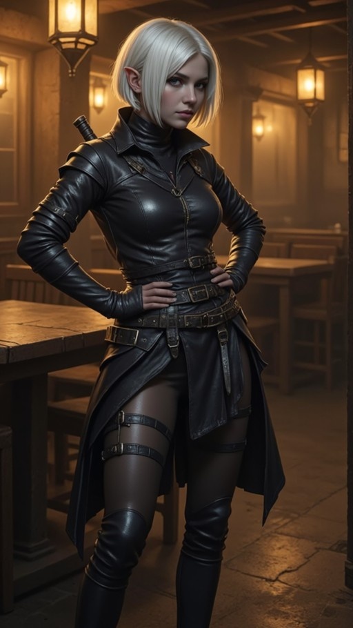 White-haired elf warrior in black leather armor standing with hands on hips in a tavern setting.