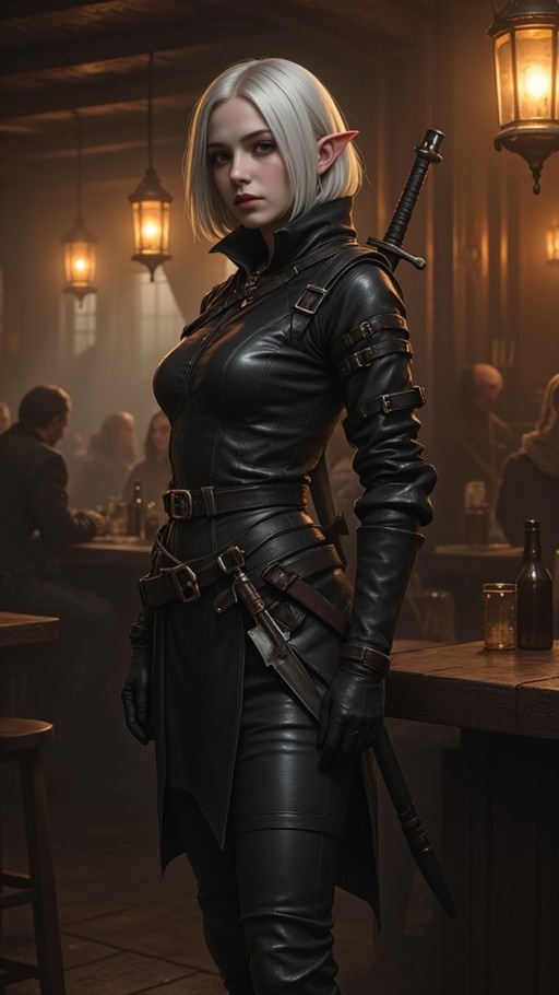 A white-haired elf woman in black leather armor stands in a dimly lit tavern with a sword on her back.