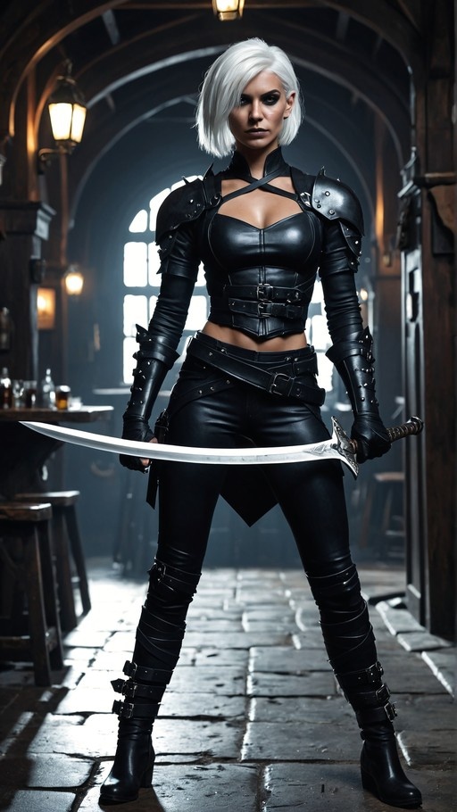 A white-haired woman in black leather armor stands holding a curved sword in a tavern.