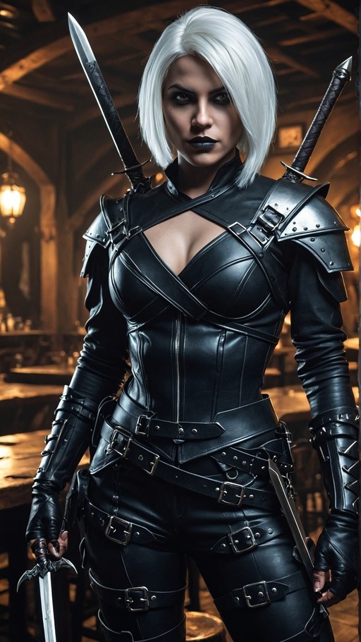 A dark-skinned woman with short white hair and black lipstick stands in a dimly lit room wearing intricate black leather armor and holding a sword, with two additional swords strapped to her back.