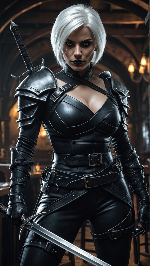 Serious white-haired woman in black leather armor holding a sword