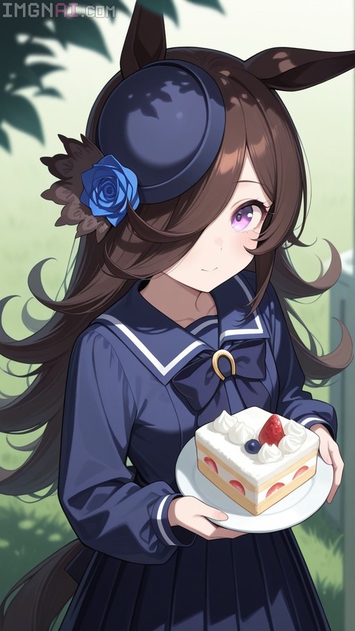 Anime-style Mihono Bourbon from Uma Musume in a blue school uniform holding a plate of strawberry shortcake.