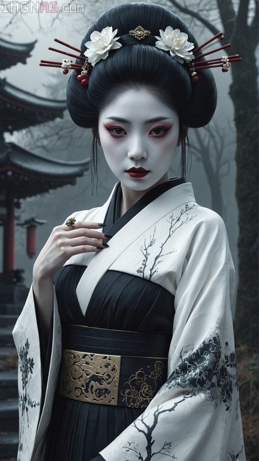 A portrait of a pale geisha with elaborate black hair adorned with white flowers, wearing a black kimono and white robe with tree patterns, standing before a misty Japanese shrine.