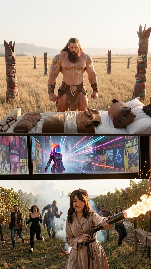 A three-panel image showing a shirtless muscular bearded warrior standing in a field near carved poles, a neon cyberpunk character on a screen, and a smiling woman firing a flamethrower while people flee behind her.