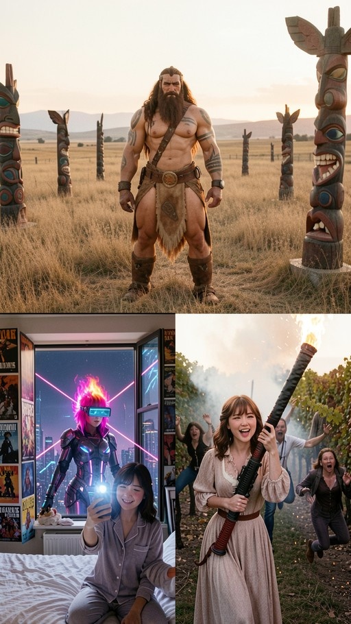 Three-panel digital artwork showing a tattooed warrior among totem poles, a girl taking a selfie with a cyborg outside her window, and a woman holding a rifle in a field.
