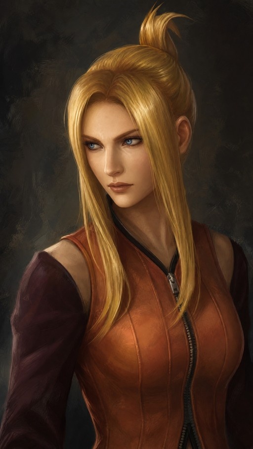 A realistic digital portrait of Quistis Trepe with blonde hair in a ponytail and blue eyes, wearing an orange zippered vest over a dark shirt against a dark background.