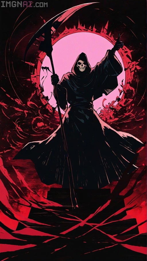 A skeletal Grim Reaper in a black hooded robe holds a large scythe and points upward against a glowing pink circular background framed by red jagged shapes.