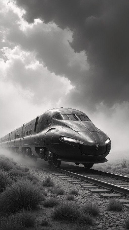 A black and white image of a modern streamlined train moving on tracks through grass under a cloudy sky.