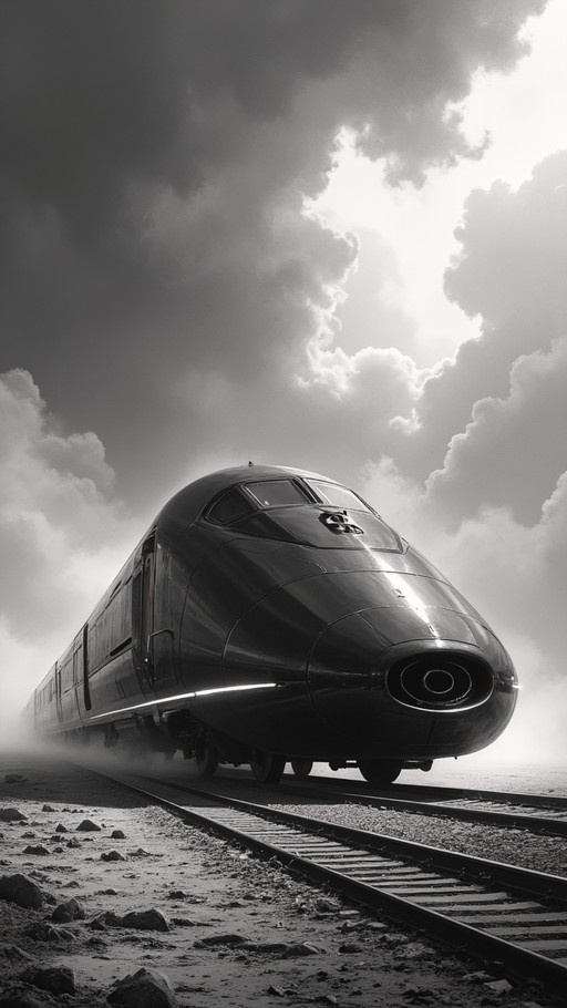A black and white image of a futuristic train moving on tracks under a cloudy sky.