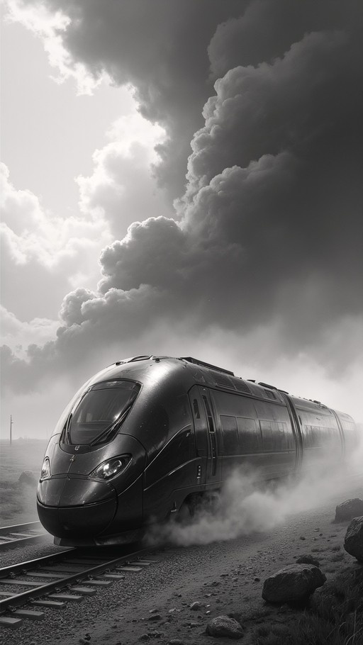 A sleek dark train traveling on railroad tracks under a dramatic cloudy sky in black and white.