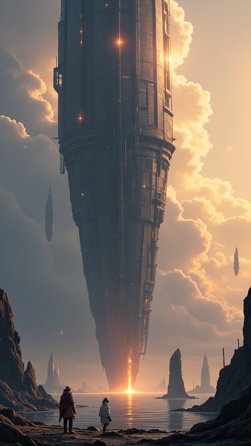 Two figures stand on a rocky shore looking up at a massive inverted tower hanging above the ocean at sunset.