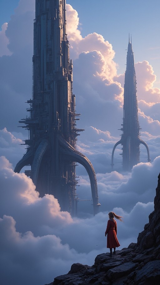 A blonde girl in a red coat stands on a rocky outcrop overlooking massive, towering structures emerging from thick clouds.