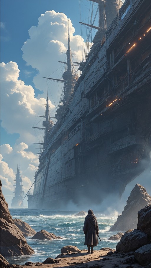 A hooded figure stands on a rocky shore looking at a massive ancient sailing ship under a blue sky with clouds.