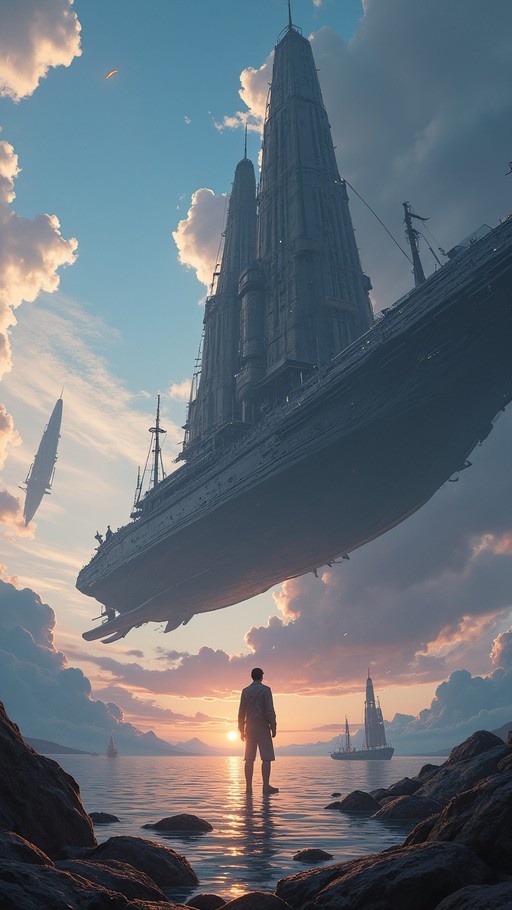 A lone boy stands in shallow water looking up at a giant floating airship with tall spires against a sunset sky.