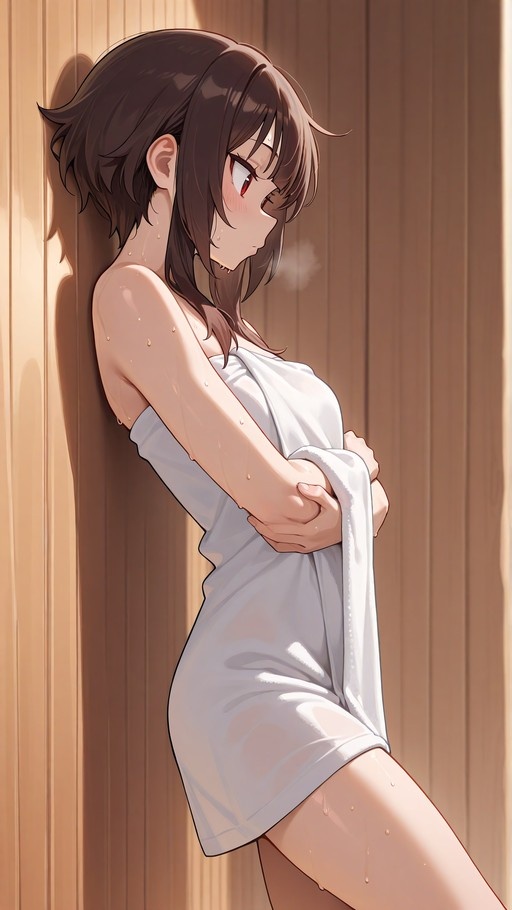 Megumin leaning against a wooden wall in a white towel with water droplets on her skin.