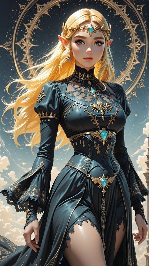 Princess Zelda with long blonde hair and pointed ears wears an ornate dark gown with gold embroidery and blue gemstones against a starry background.