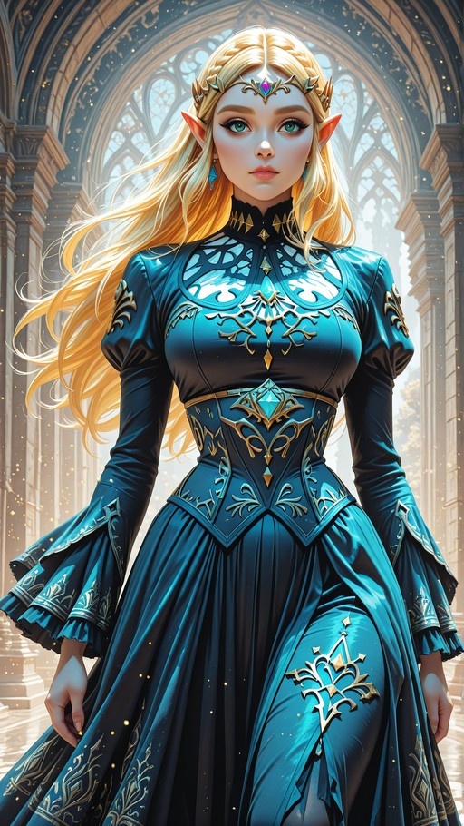 Princess Zelda with long blonde hair and pointed ears wearing an ornate blue gown with gold trim standing in a sunlit hall.
