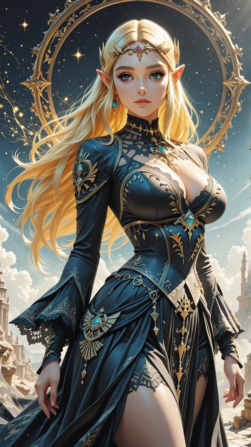 Princess Zelda with long blonde hair and pointed ears stands in an ornate dark blue gown with gold accents, framed by a large golden circle against a starry sky.