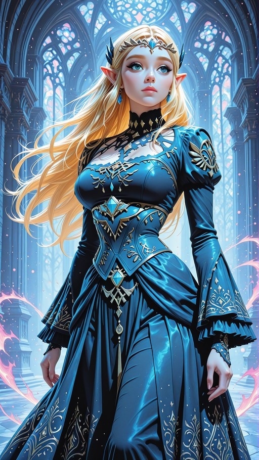 Princess Zelda with long blonde hair and pointed ears wearing an ornate blue gown stands before tall stained-glass windows in a grand hall.