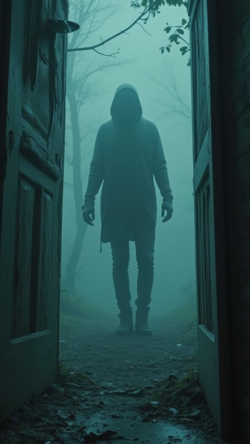 A hooded figure stands in a foggy forest path, framed by an open wooden doorway, with bare trees visible in the misty background.
