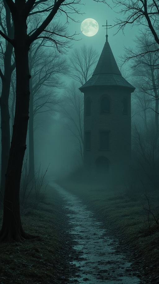 A stone tower with a cross on top stands at the end of a path in a foggy forest under a large full moon.