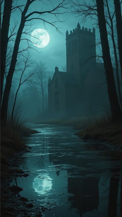 A bright full moon shines over a misty landscape with a castle tower and bare trees reflected in a flowing stream below.