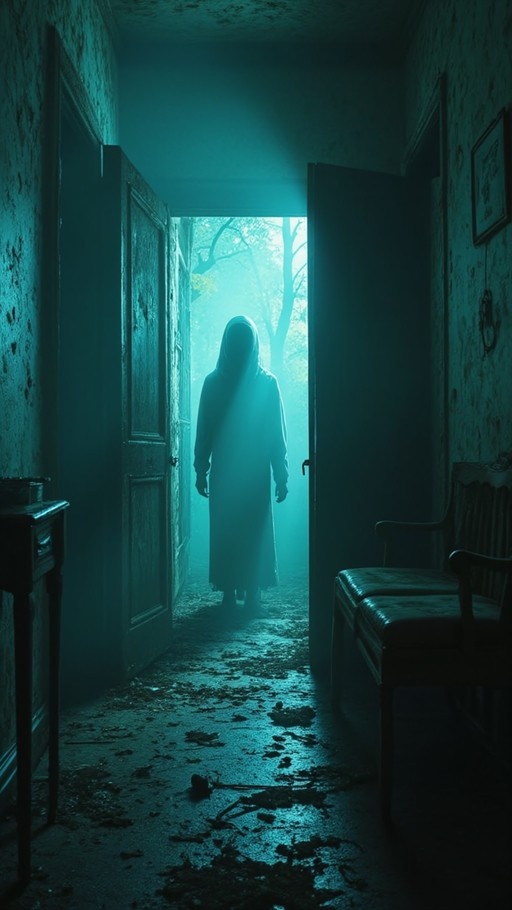 A hooded figure stands silhouetted in an open doorway at the end of a dark, debris-strewn hallway with peeling walls and teal lighting.