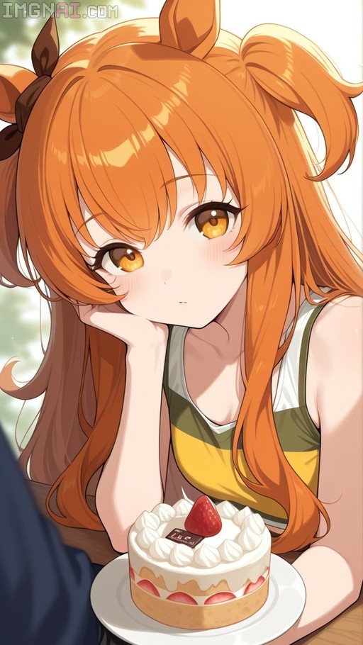 Orange-haired anime girl with horse ears resting her chin on her hand while looking at a strawberry shortcake.