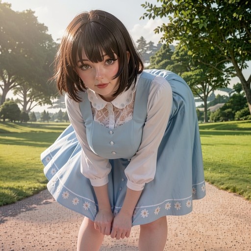 A young woman with short brown hair and bangs leans forward on a park path, wearing a light blue pinafore dress with daisy embroidery over a white lace-collared shirt.