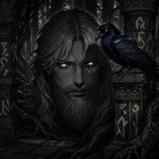 A close-up portrait of a bearded man with glowing white eyes and long hair standing next to a black crow perched on a rune-carved stone pillar in a dark forest setting.