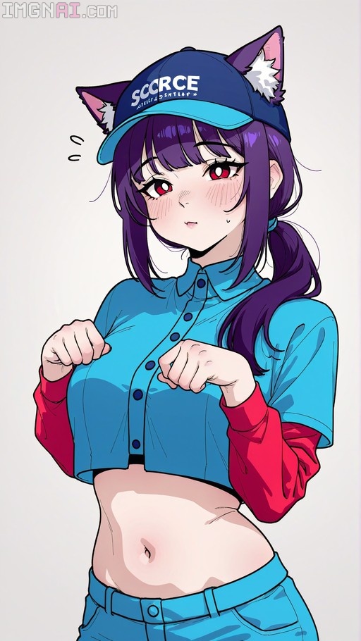 An anime-style girl with purple hair and cat ears wearing a blue baseball cap and a blue cropped shirt over red sleeves, blushing nervously.