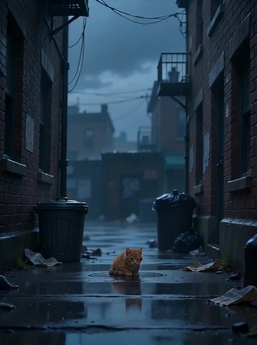 A close-up of a wet orange cat sitting alone in a rainy urban alley with trash bags nearby.