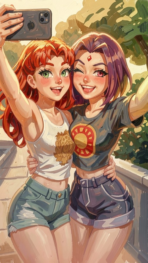 A digital painting of Starfire and Raven from Teen Titans taking a cheerful selfie outdoors, with Starfire holding the phone high and Raven winking beside her.