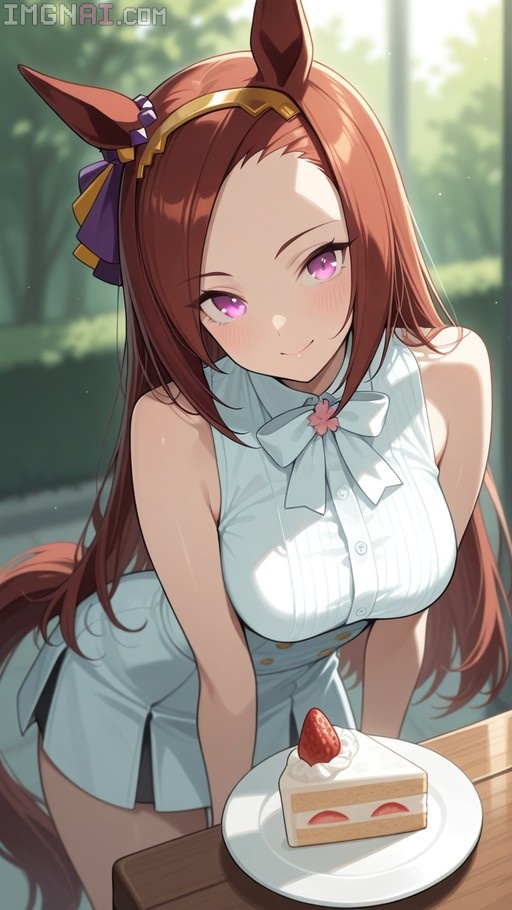 A digital illustration of the anime character Sakura Bakushin O from Umamusume, featuring her signature horse ears and tail, leaning over a table with a slice of strawberry shortcake on a plate in front of her.