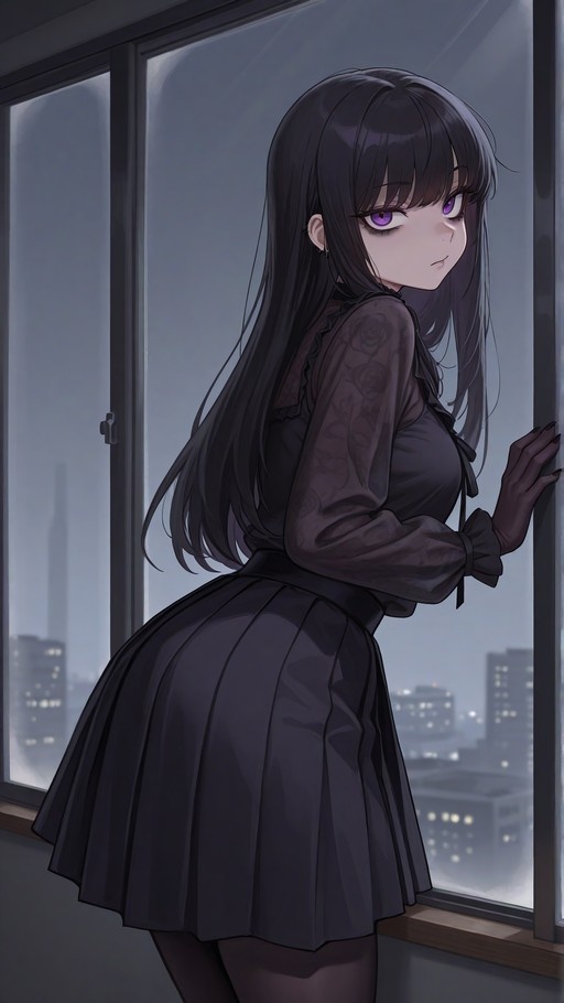 An anime-style illustration of a young woman with long black hair and purple eyes, wearing a black dress with sheer sleeves and gloves, standing by a window overlooking a city at night.