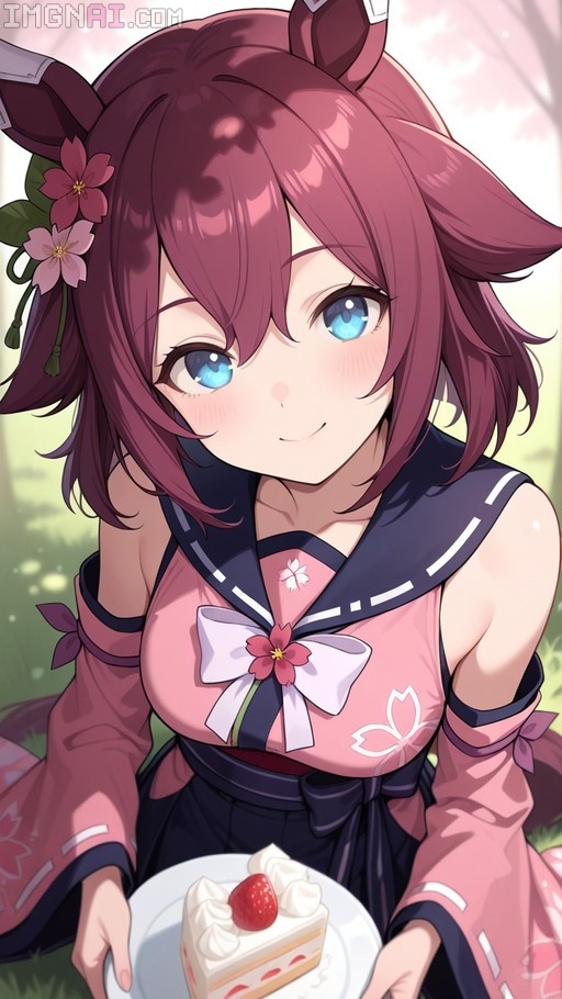 Sakura Chiyono O from Umamusume smiling and holding a slice of strawberry shortcake on a white plate, wearing a pink outfit with detached sleeves and floral details.